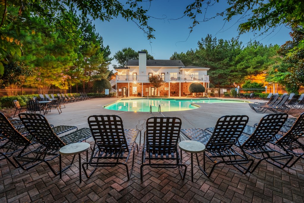 evening pool exterior and clubhouse