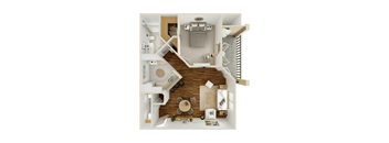 A top-down view of a modern apartment with a living room, kitchen, and dining area.