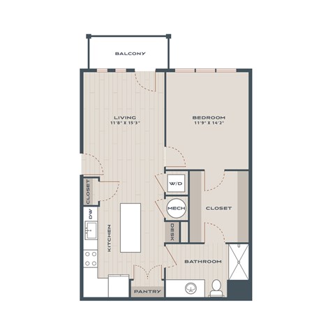 A floor plan of an apartment with a living room, bedroom, kitchen, bathroom, closet, and pantry.