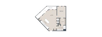 A floor plan of a home with a living room, kitchen, and bathroom.