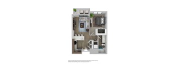 A floor plan of a small apartment with a kitchen, living room, and bedroom.