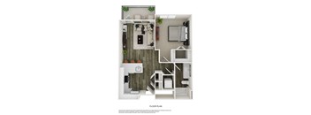 A floor plan of a small apartment with a kitchen, living room, and bathroom.