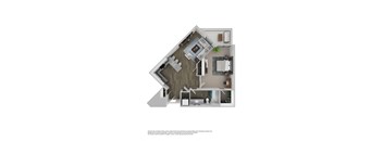 A floor plan of a house with a kitchen, living room, and bathroom.