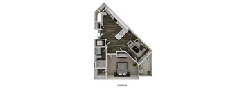 A floor plan of a small apartment with a kitchen, living room, and bathroom.