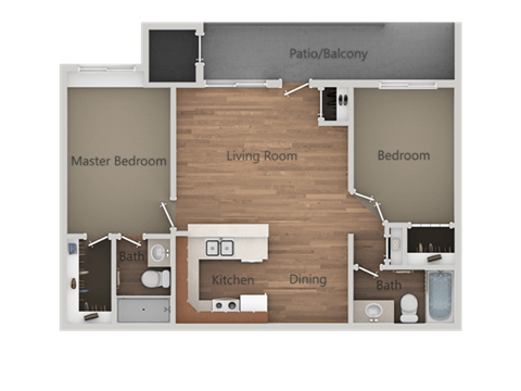 2 Bedroom 2 Bathroom Floor Plan at Rio Seco Apartments, Tucson, AZ, 85746