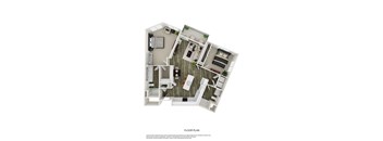 A floor plan of a small apartment with a kitchen, living room, and bedroom.