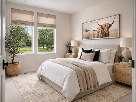 A bedroom with a large bed, a painting of a bull, and a view of a green lawn through the window.