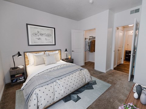 a bedroom with a bed and a closet