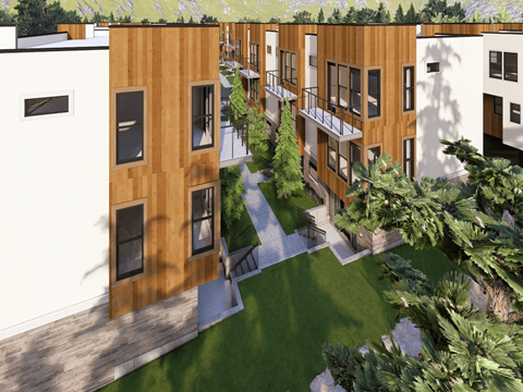 A modern apartment complex with a mix of white and wooden exterior walls.