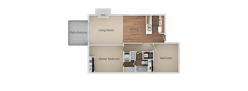 2 Bedroom 1 Bath Floor Plan at Edgewater Isle Apartments & Townhomes, Hanford, 93230
