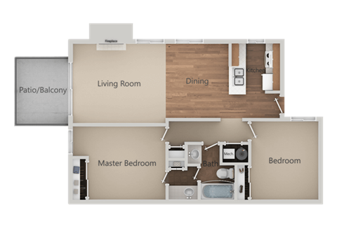 2 Bedroom 1 Bath Floor Plan at Edgewater Isle Apartments & Townhomes, Hanford, 93230