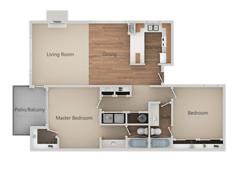 2 Bed 2 Bath Floor Plan at Edgewater Isle Apartments & Townhomes, Hanford, California