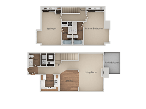 2 Bed 2.5 Bathroom Floor Plan at Edgewater Isle Apartments & Townhomes, Hanford