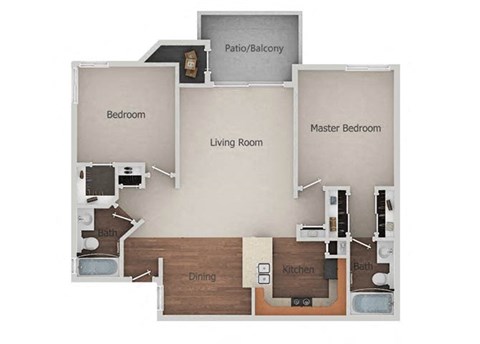 2 Bedroom 2 Bathroom Floor Plan at Canyon Club Apartments, Oceanside