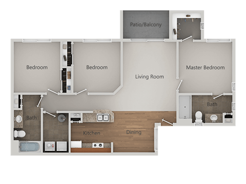 Three Bed Two Bath Floor Plan at Canyon Ridge Apartments, Surprise