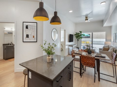 Kitchen into Living Room at Maye House Apartments