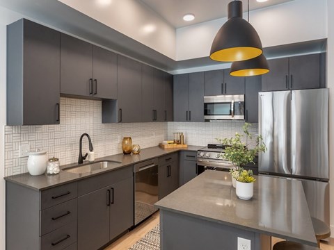 Kitchen with Dark Accents at Maye House Apartments