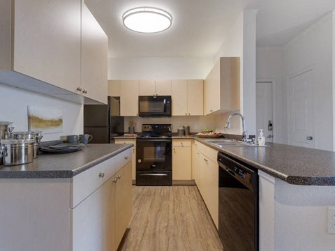 a kitchen with a counter top and a sink
