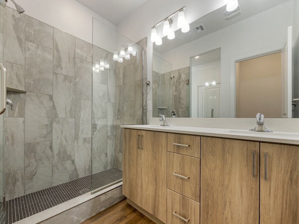 Primary Bathroom with Double Vanity and Walk-in Shower at Desert Sage Townhomes, Utah, 84737