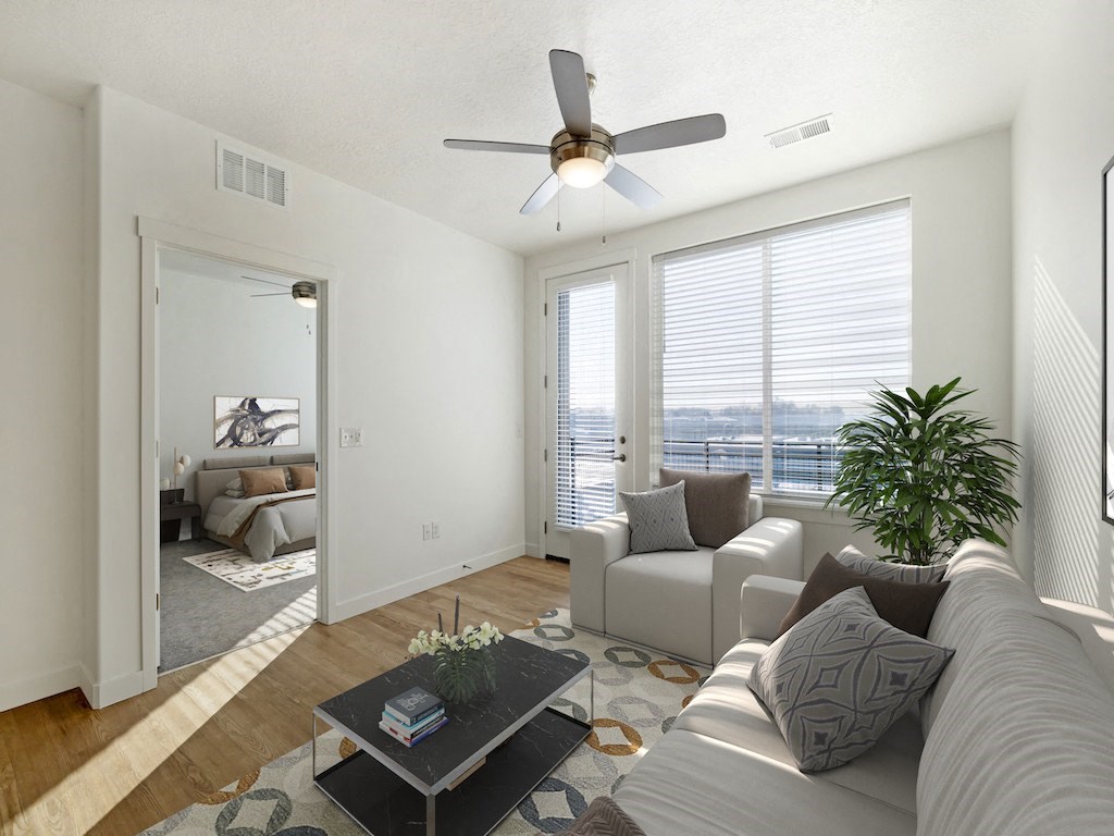 One Bedroom Living Room with View of Bedroom at City Lofts One Bedroom Living Room with View of Bedroom at City Lofts