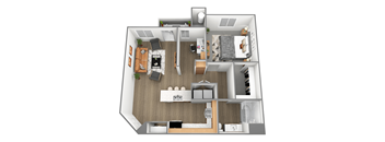 A 3D floor plan of a small apartment with a kitchen, living room, and bedroom at Amara Apartments,Midvale,UT,84047