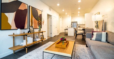 Modern Living Room With Kitchen View at Parc View Apartments & Townhomes, Utah, 84047