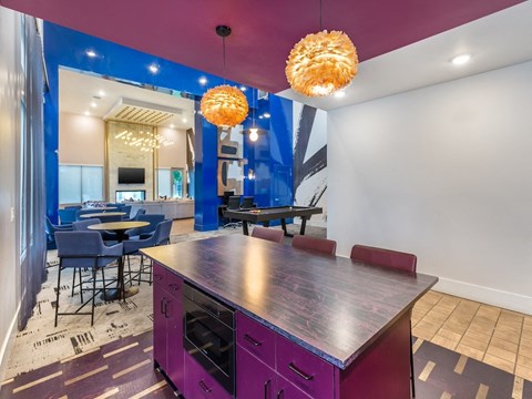 Purple Kitchen in Clubhouse at Arcadia Apartments