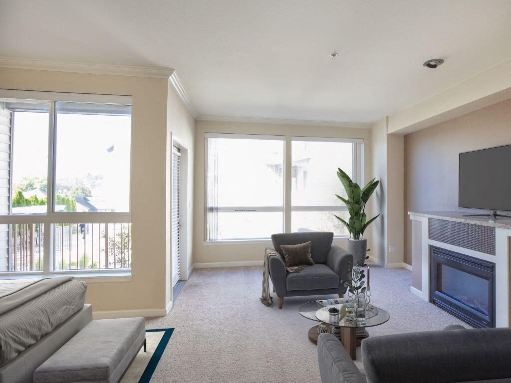 Studio Living Area With Fireplace at Metropolitan Collection Apartments, Renton, WA
