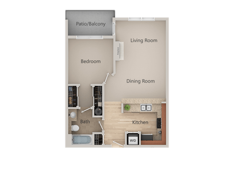 One Bedroom One Bath Floor Plan at Metropolitan Collection Apartments, Renton, WA, 98057