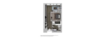A 3D rendered image of a small apartment layout.