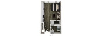 A floor plan of a small apartment with a bed, desk, and shelves.