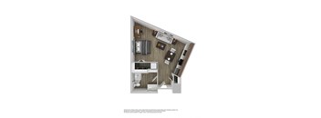 A floor plan of a small apartment with a kitchen, living room, and bedroom.