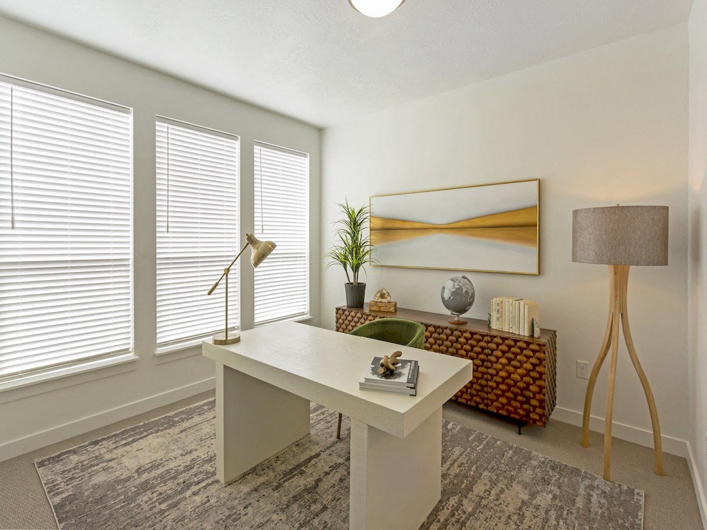 Home Office with Desk and Large Windows at The Austin Townhomes, Draper, UT 84020