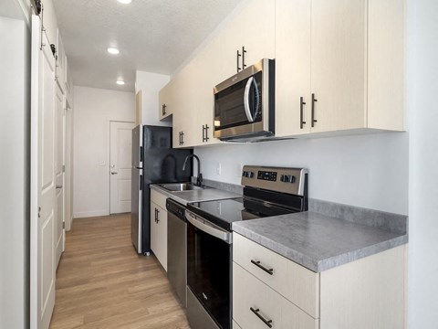 a kitchen with stainless steel appliances and a microwave