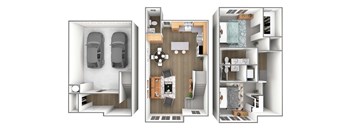 A 3D floor plan of a house showing the layout of the rooms.