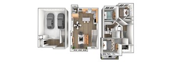 A 3D floor plan of a house showing the layout of the rooms.