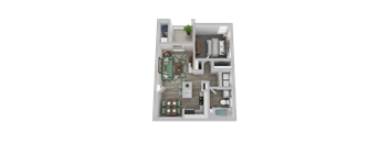 A 3D floor plan of a house showing a kitchen, living room, dining area, and bathroom.