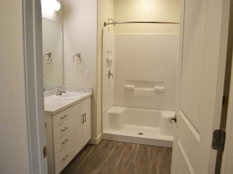 Main Bath with Walk-in Shower at Kimpton Square Senior Apartments