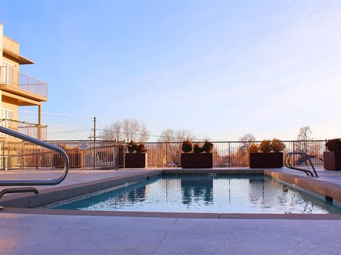 Pool deck with view at Kimpton Square Senior Apartments, Midvale, UT 84047