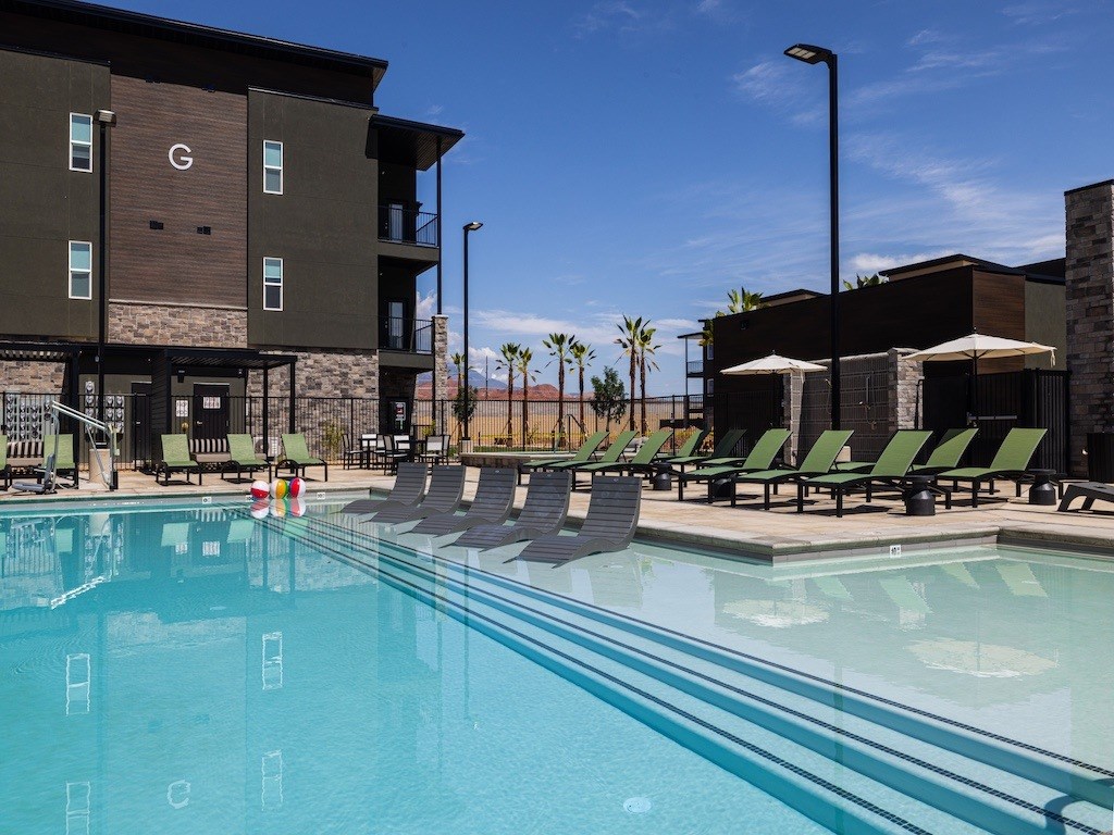 View of Pool Furniture at The Ash Apartments