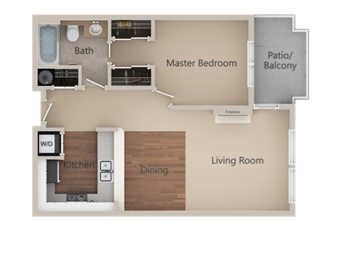 1 Bed 1 Bath Floor Plan at Burnett Station Apartments and Townhomes, Renton, WA, 98057