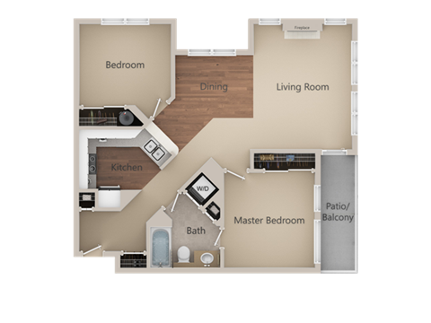 2 Bed 1 Bath Floor Plan at Burnett Station Apartments and Townhomes, Renton, WA