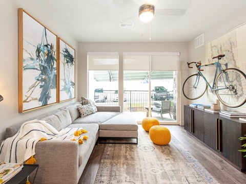 A living room with a grey couch, a painting on the wall, a bicycle leaning against the wall, and a rug on the floor.