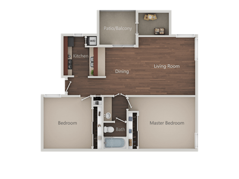 Two Bed One Bath Floor Plan at Eucalyptus Grove Apartments, Chula Vista, 91910