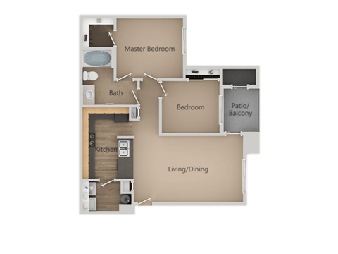 Two Bed One Bath Floor Plan at Four Seasons at Southtowne Apartments, South Jordan, Utah