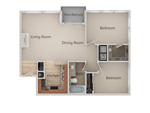 2 Bed 1 Bath Floor Plan at Revo 225 Apartments, Renton, WA, 98057