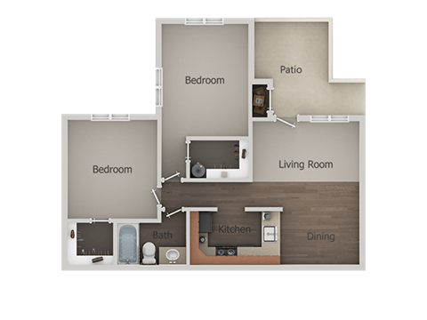 2 Bedroom 1 Bathroom Floor Plan at River Point Apartments, Arizona, 85712