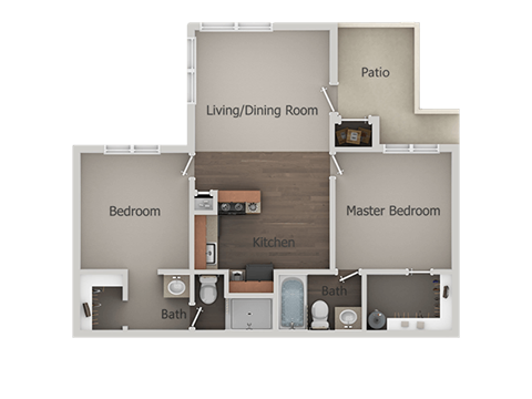 2 Bedroom 2 Bathroom Floor Plan at River Point Apartments, Tucson, AZ, 85712