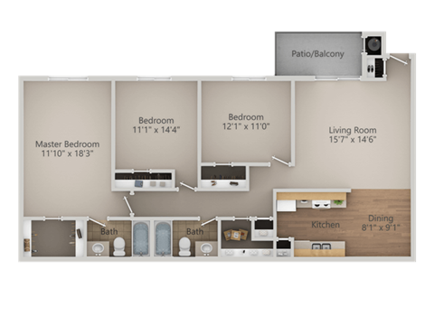 3 bedroom 2 bath Floor Plan at Courtyard at Central Park Apartments, Fresno, California