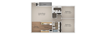 2 Bedroom 1 Bath Floor Plan at Courtyard at Central Park Apartments, Fresno, CA
